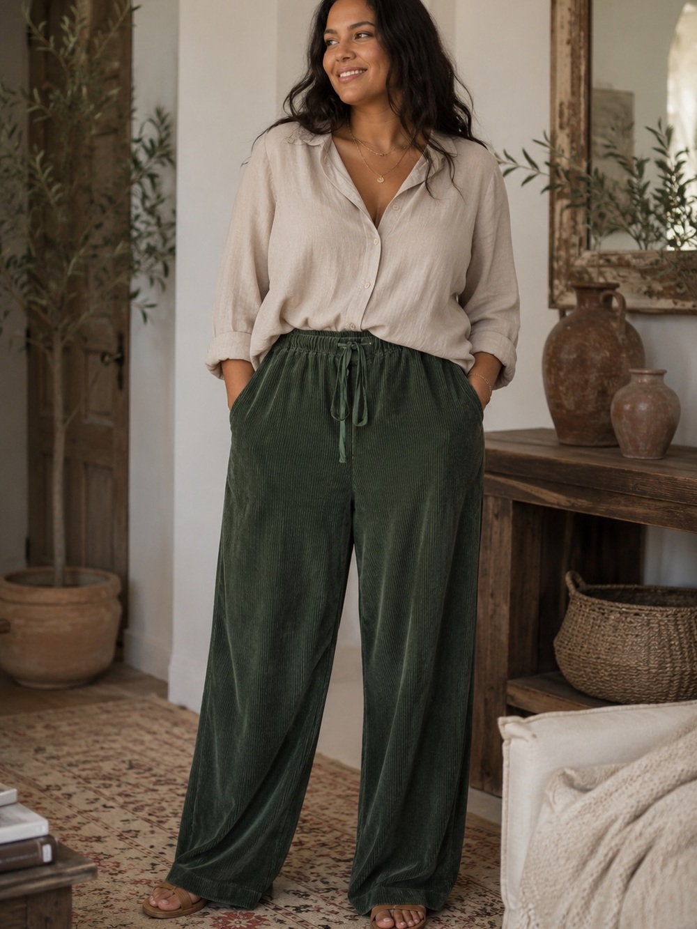 VTG Liz Claiborne Dark Green Corduroy Wide Leg Pullon Pants XL Whimsigoth Chic